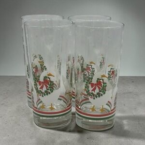 Vintage Libbey Christmas Goose Holly Berry Wreath 15 Oz Glasses - Set of 4